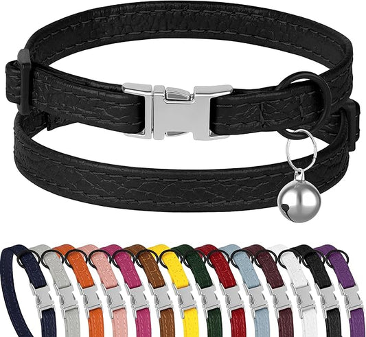 Leather Cat Collar with Buckle and Removable Bell - Non Breakaway Adjustable Soft Safety Small Pet Collars for Girl Boy Cats Kitten (Black)