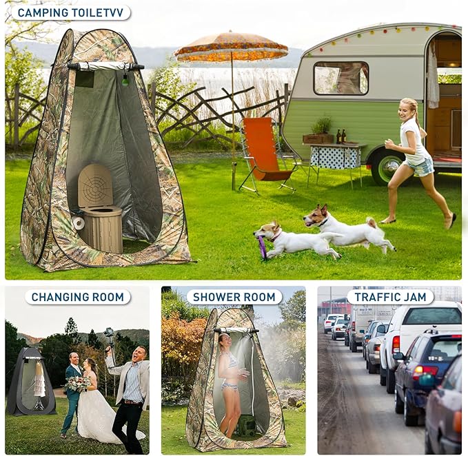 Portable Camping Toilet with Pop-Up Privacy Tent, 12-inch Toilet Seat, Outdoor Portable Folding Toilet Potty for Adults Load Capacity of 400 Lbs, LED-Light Camping Bathroom