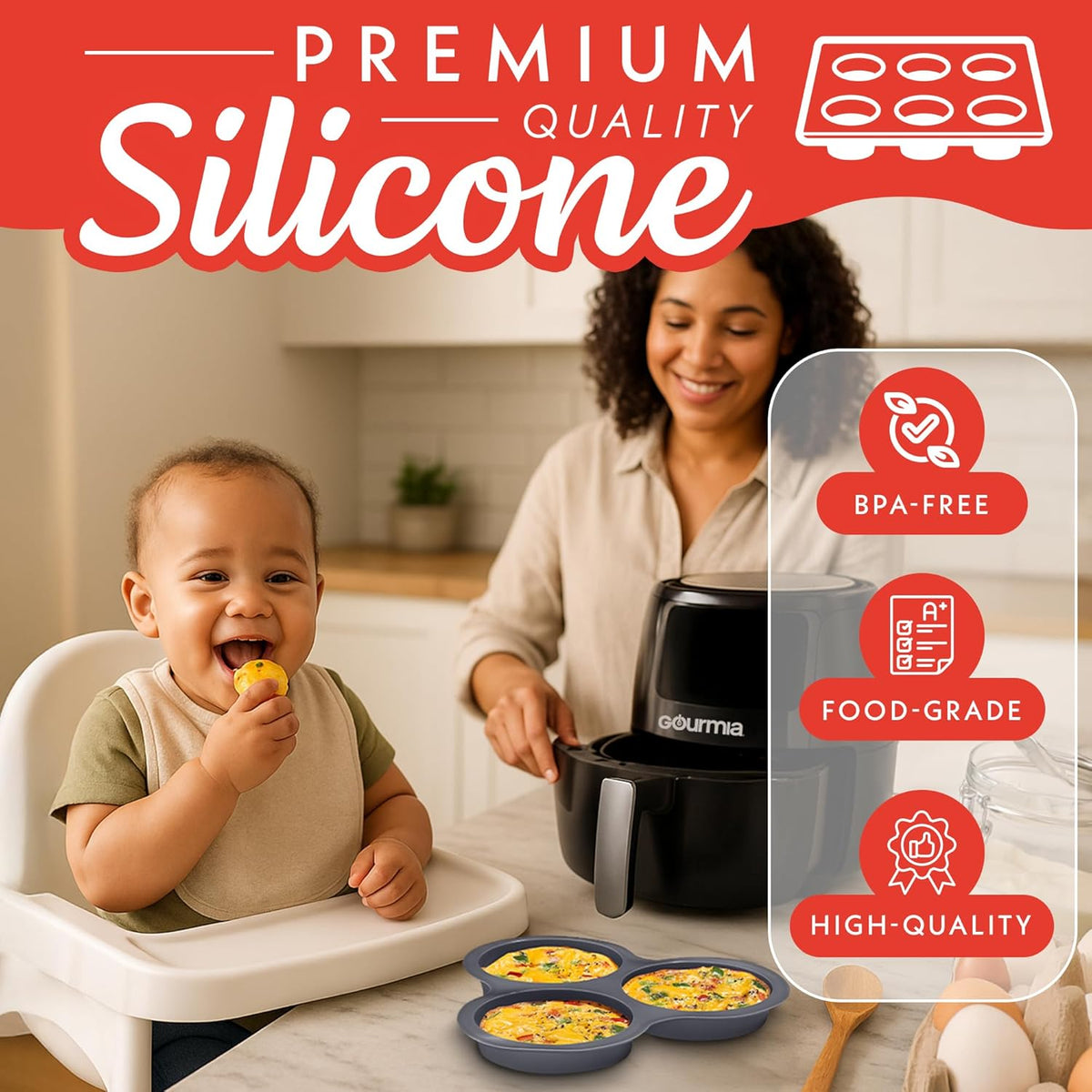 Gourmia Air Fryer Accessories Set - 3 Piece Silicone, Liner, Egg Bite Cooker, 7-Hole Cupcake Mold, BPA-Free, Nonstick, Heat Resistant 445°F, Dishwasher Safe, Food Grade