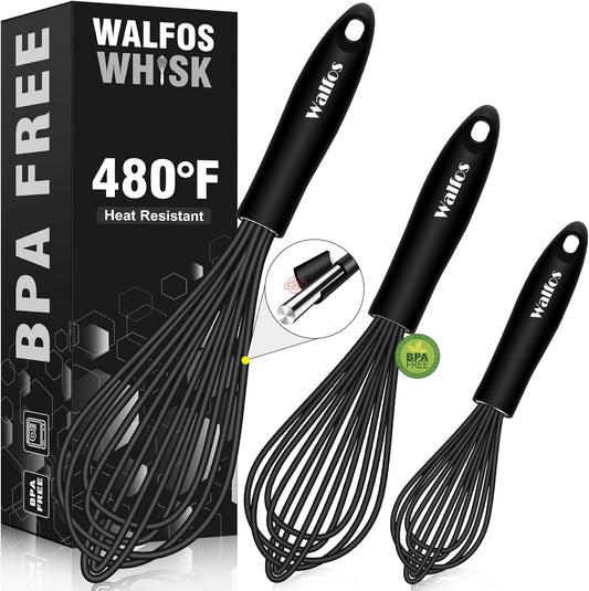 Walfos Silicone Whisk,Stainless Steel Wire Whisk Set of 3 -Heat Resistant 480°F Kitchen Whisks for Non-stick Cookware,Balloon Egg Beater Perfect for Blending,Whisking,Beating,Frothing & Stirring,Black