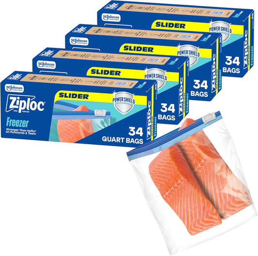 Ziploc Quart Food Storage Freezer Slider Bags, Power Shield Technology for More Durability, 34 count, 4 Pack, 136 Total (Packaging May Vary)