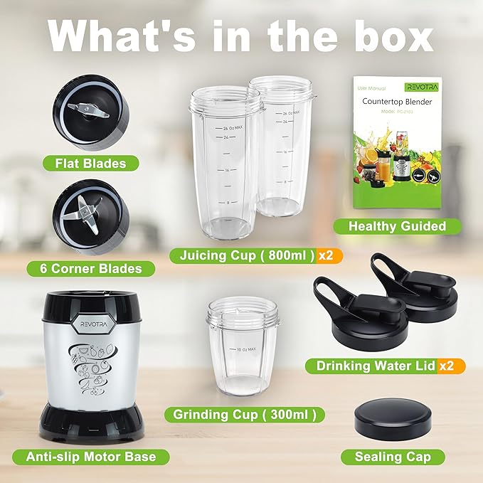 REVOTRA Blender for Smoothies, Personal Blender for Shake and Smoothies for Kitchen with 3 Portable Cups (2x24oz & 1X10oz), 4-Leaf Stainless Steel Blades, Perfect for Frozen Drinks, Ice Crushing