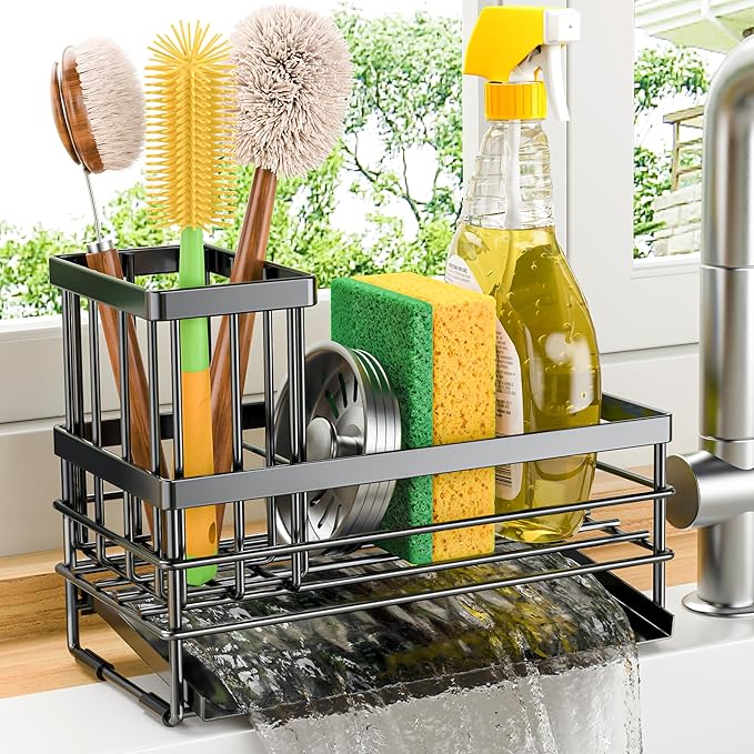 Cisily Sink Caddy Sponge Holder for Kitchen with Brush Holder and Stainless Steel Self Drain Tray, Rustproof Kitchen Sink Organizer for Sponge, Soap Dispenser Storage Accessories (Black)