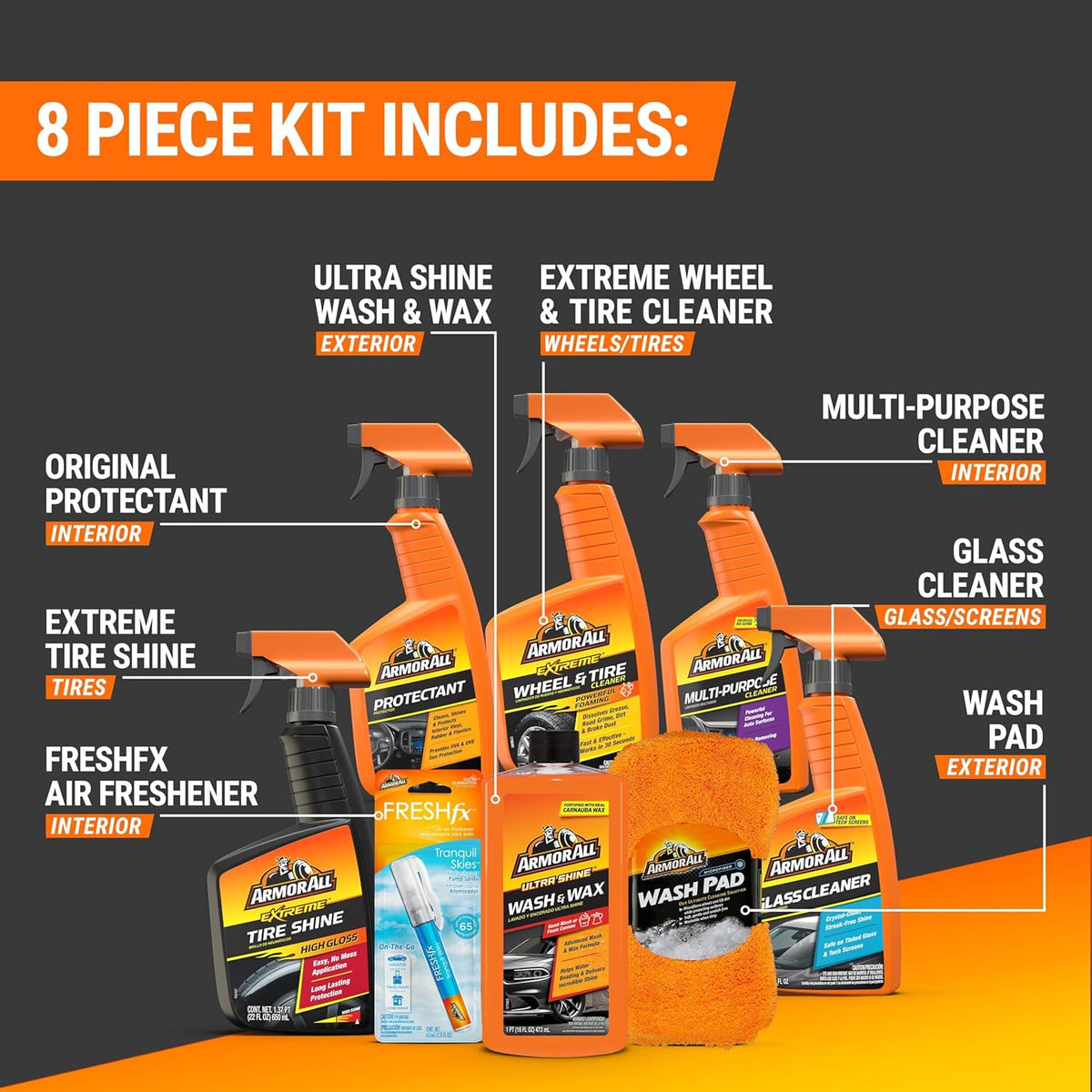 Armor All Premier Car Care Kit, Includes Car Wax & Wash Kit, Glass Cleaner, Car Air Freshener, Tire & Wheel Cleaner (8 Piece Kit)