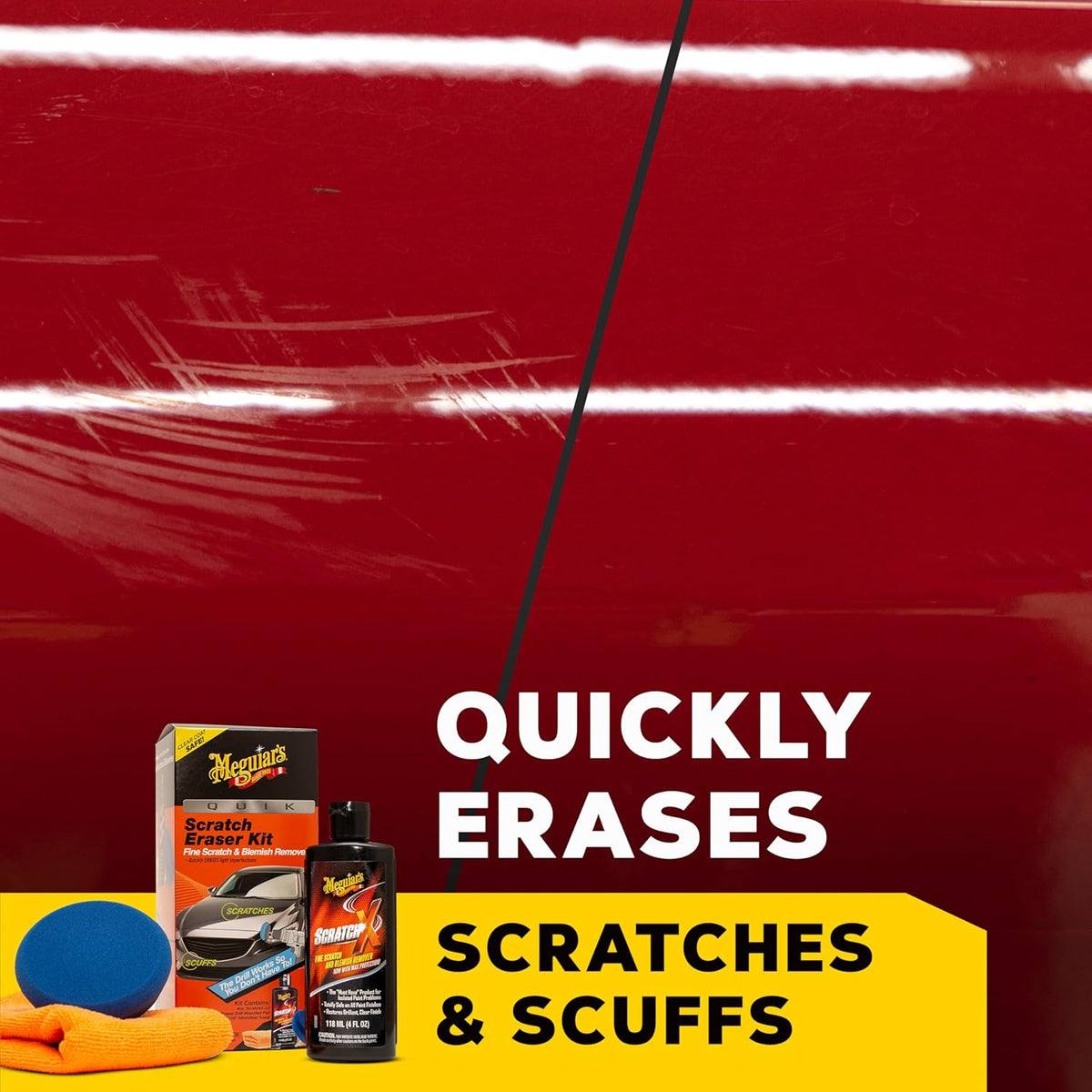 Meguiar’s Quik Scratch Eraser Kit, Car Scratch Remover for Fixing Surface Blemishes, Includes ScratchX, Drill-Mounted Pad, and Microfiber Towel, Great Car Gifts for Men and Women