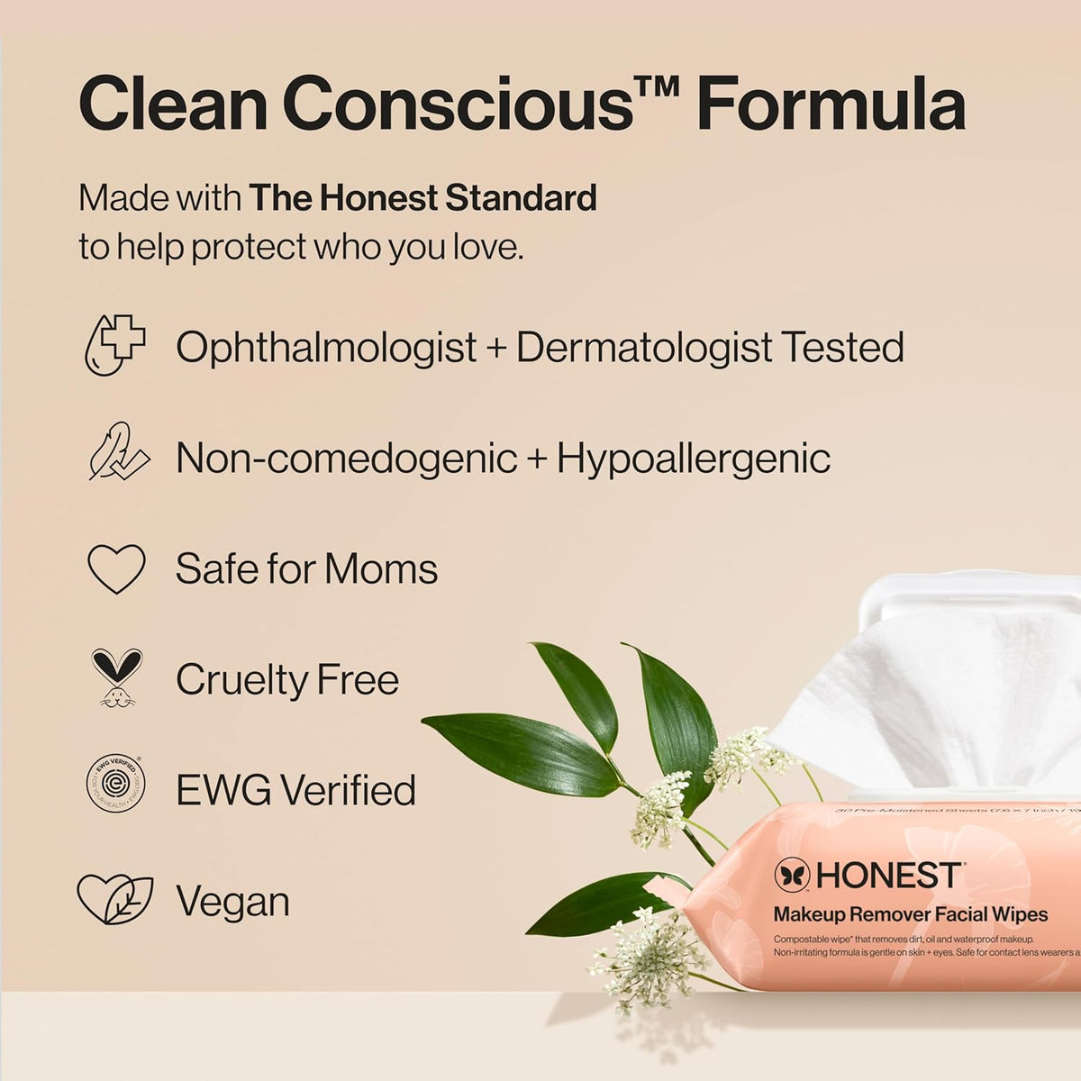 Honest Beauty Fragrance-Free Makeup Remover Wipes | Hypoallergenic, Plant-Based, 30 Count