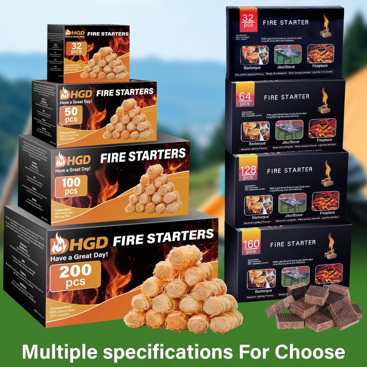 HGD Fire Starter, Natural Fire Starters for BBQ, Campfire, Fireplace, Charcoal, Wood Stove, Chimney, Fire Pit, Grill, Smoker, Indoor Outdoor Use