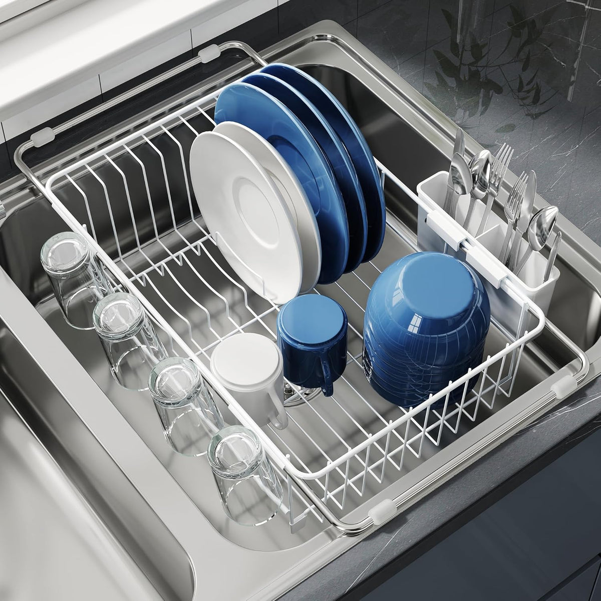 JASIWAY Dish Drying Rack in Sink, Expandable Stainless Steel Dish Drainers for Kitchen Counter, Dish Dryer Rack for Inside Sink, Over The Sink Dish Racks with Utensil Holder, Silver