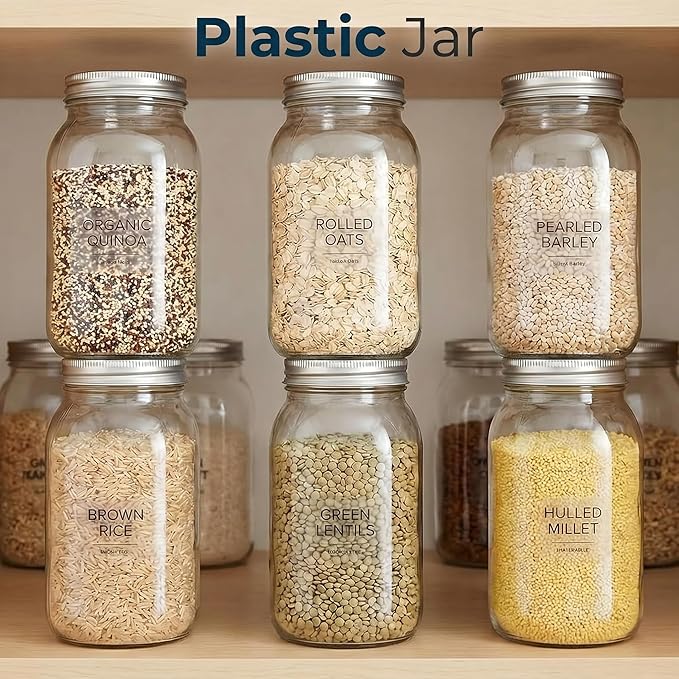 novelinks 32 oz Mason Jars with Plastic Lids, 8 Pack Large Plastic Salad Jars with Lids 32oz, Reusable Spice Containers & Kitchen Jars for Pantry Organization (8 Pack,Silver)