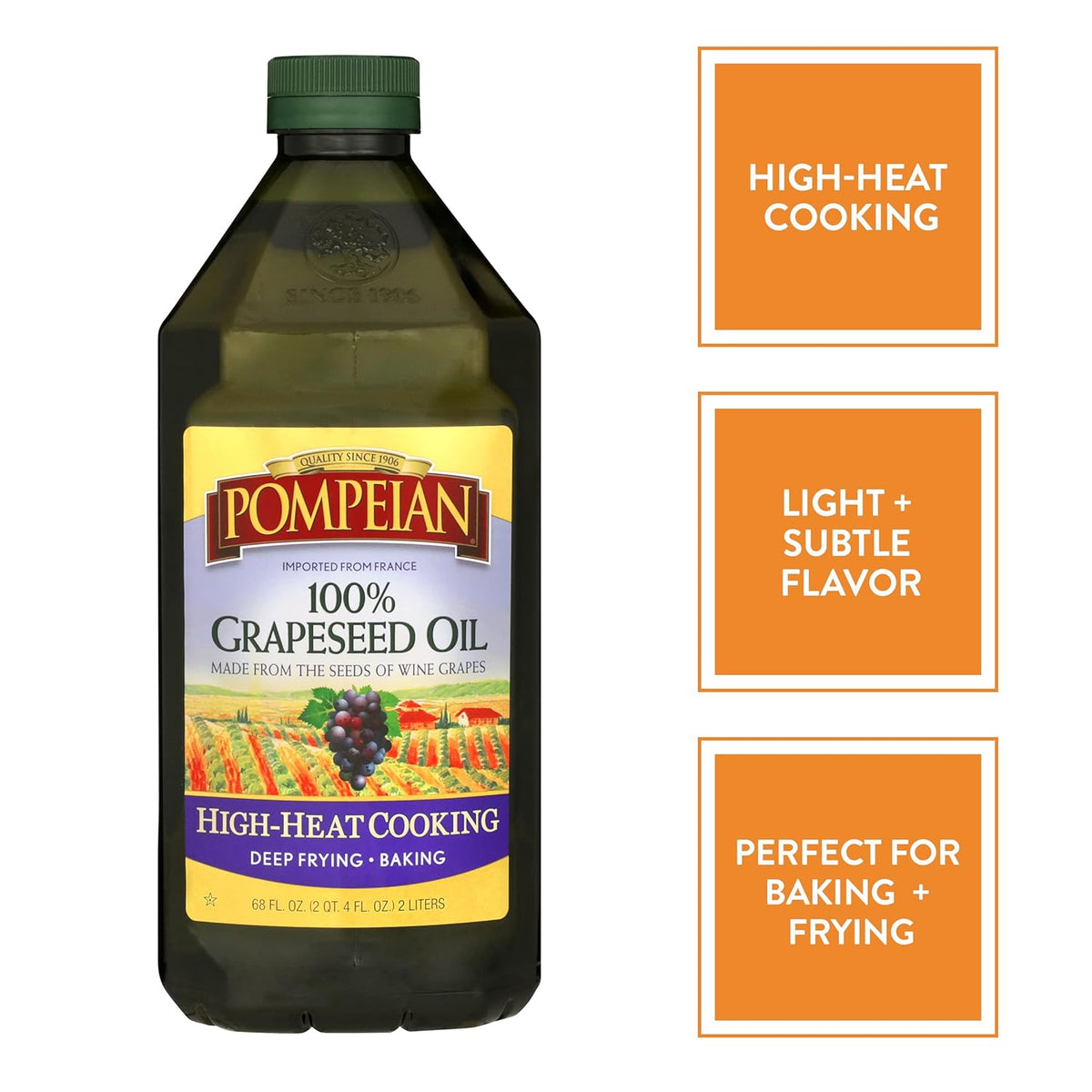 Pompeian 100% Grapeseed Oil, Light and Subtle Flavor, 68 Fl Oz