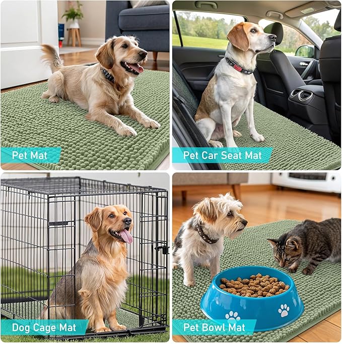 OLANLY Dog Door Mat Set 2-Piece 30x20, Absorbs Moisture and Dirt, Absorbent Non-Slip Washable Doormat, Quick Dry Chenille Mud Mat for Dogs, Entry Indoor Entryway Carpet for Inside Floor, Sage Green