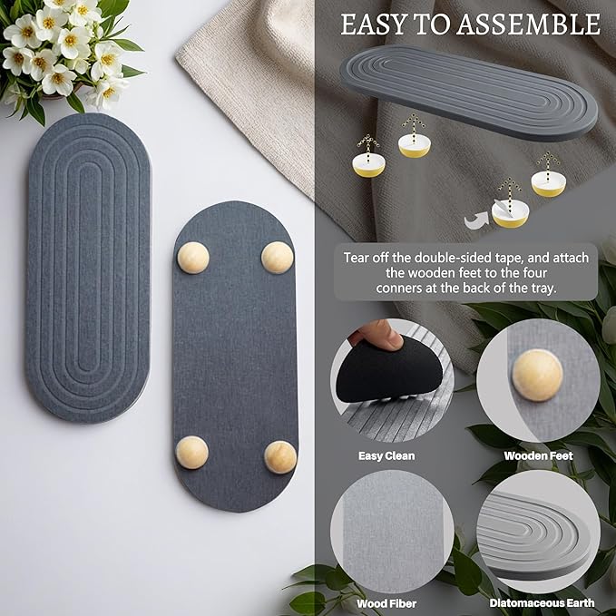 Instant Dry Sink Caddy Organizer, Fast Drying Sink Caddy, Water Absorbing Stone Sponge Holder for Kitchen and Bathroom Countertop with Natural Loofah and Wooden Feet