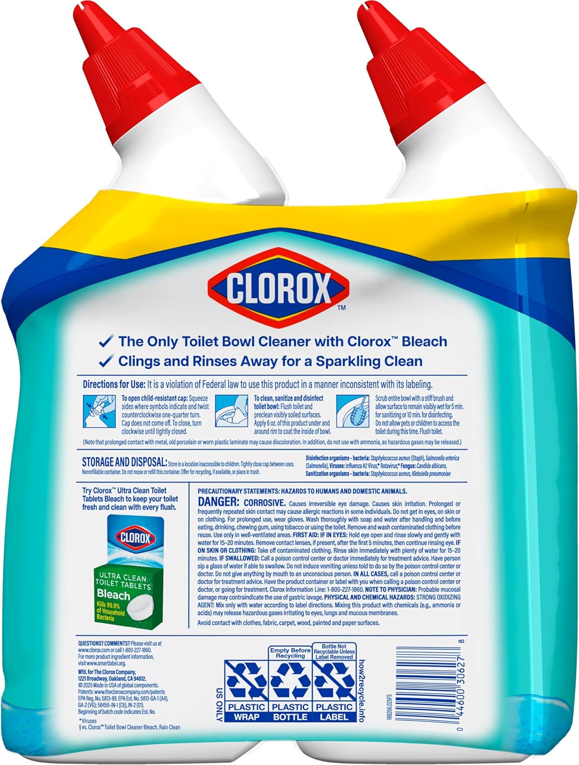 Clorox Toilet Bowl Cleaner, Clinging Bleach Gel, Ocean Mist - 24 Ounces, Pack of 2