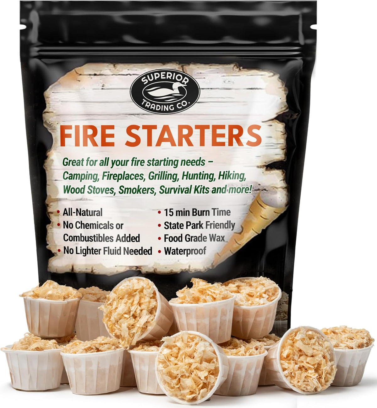 Superior Trading Fire Starter Pods in Resealable Packs - Fire Starters for Campfires, BBQ, Grill, Pit, Wood Stove & Charcoal Starter, 15-20-Min Burn, 30 Extra Large Pods, USA Made, Brown, 3.2 Lbs