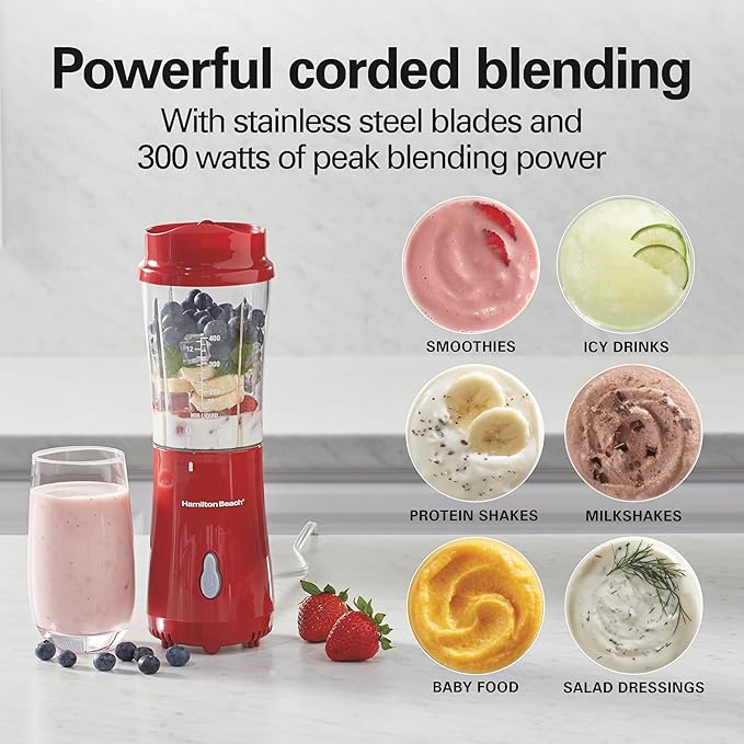 Hamilton Beach Portable Blender for Shakes and Smoothies, 14 Oz BPA Free Travel Cup & Lid, Durable Stainless Steel Blades, Personal Smoothie Blender, Red (51101RV)