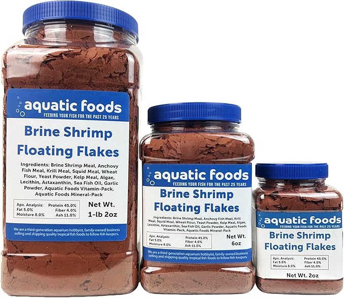 Aquatic Foods Inc. Brine Shrimp Flakes for All Freshwater Fish, All Marines, Tangs, Butterflies, Angels, Anthias, Clown Fish Also Pellet Mix, Wafer Mix Included…6oz Jar