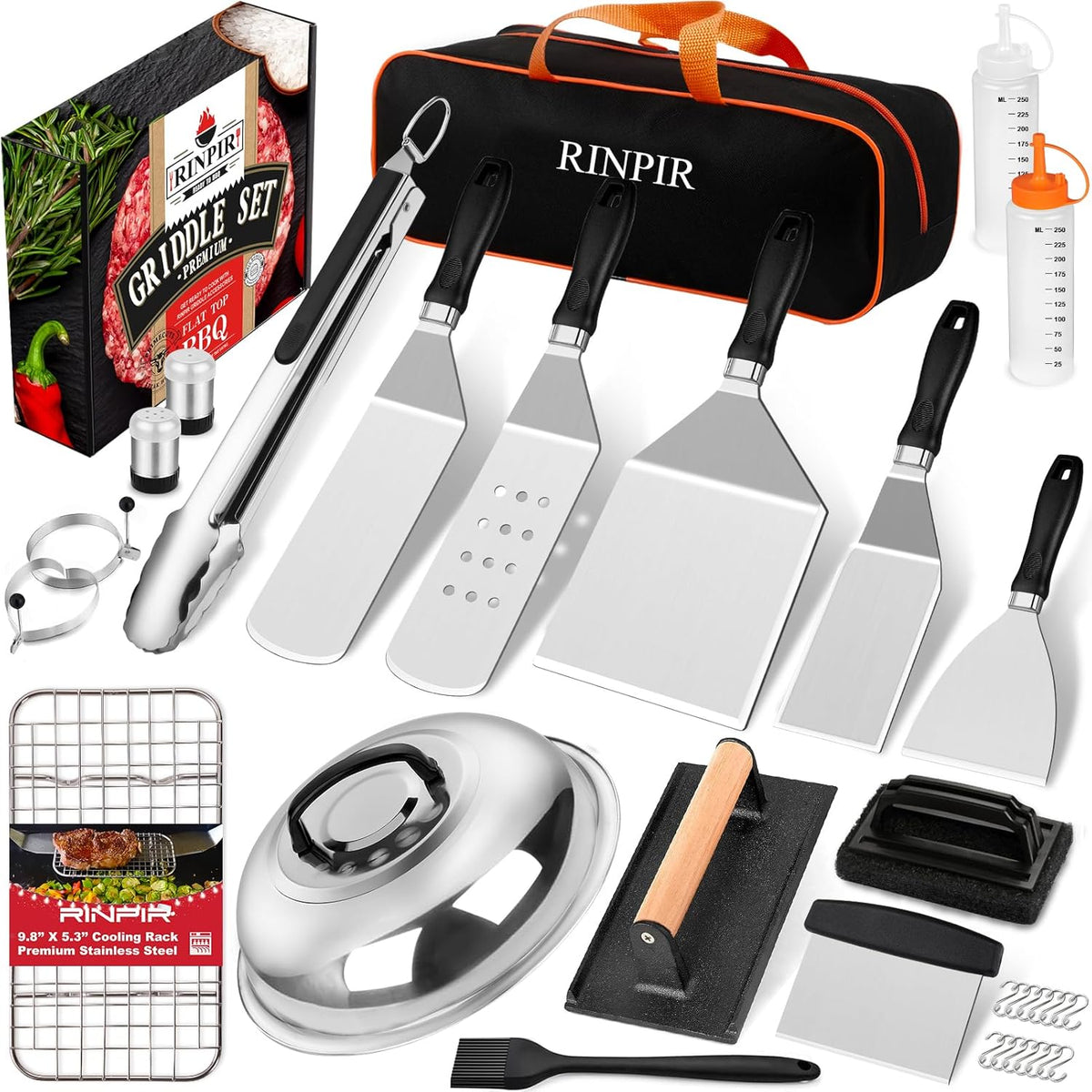 33PCS Griddle Accessories Kit for Blackstone, Flat Top Grill Accessories Tools with Cooling Rack, Melting Dome and Burger Press, Professional Hibachi Spatula Gift Set for Outdoor Teppanyaki BBQ