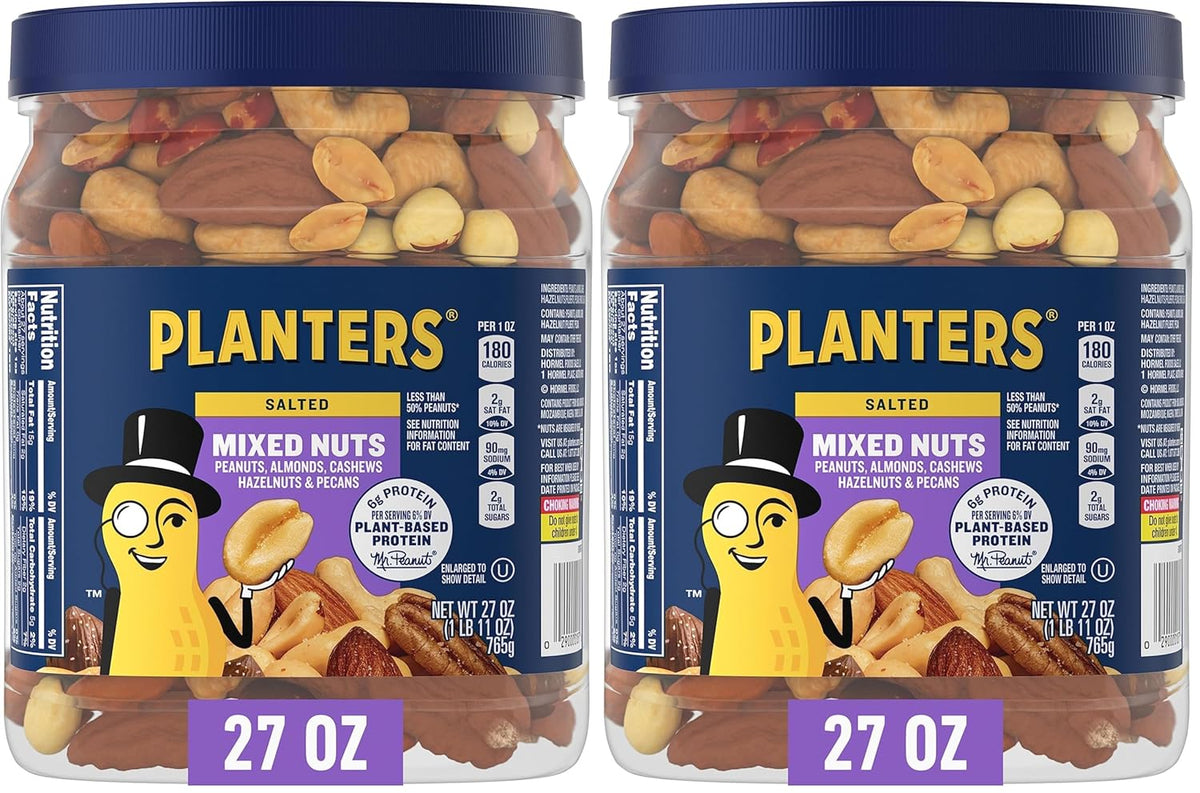 PLANTERS Deluxe Salted Mixed Nuts, Roasted Cashews, Almonds, Pecans, Pistachios, and Hazelnuts, Party Snacks, Plant-Based Protein, Quick Snack for Adults, After School Snack, 34oz Container