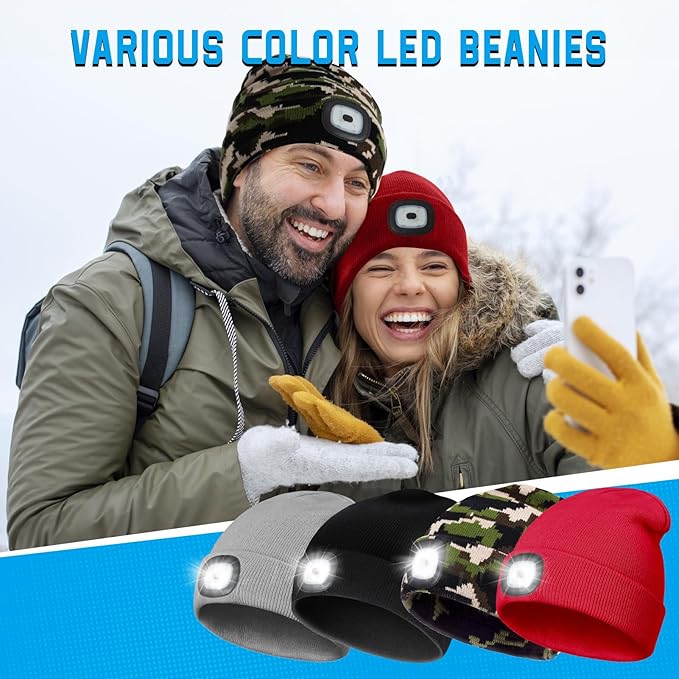Beanie Hats with Light, USB Rechargeable LED Hand Free Headlamp, Ideal for Camping, Hiking, Fathers Day Dad Gifts, Birthday Gifts for Husband, Dad, Men, 2 Pack, Camouflage