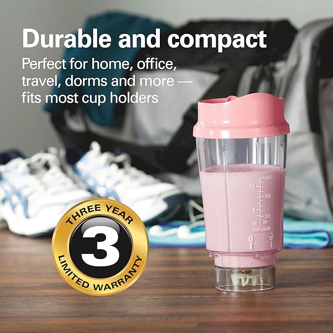 Hamilton Beach Portable Blender for Shakes and Smoothies, 14 Oz BPA Free Travel Cup & Lid, Durable Stainless Steel Blades, Personal Smoothie Blender, Coral (51171)