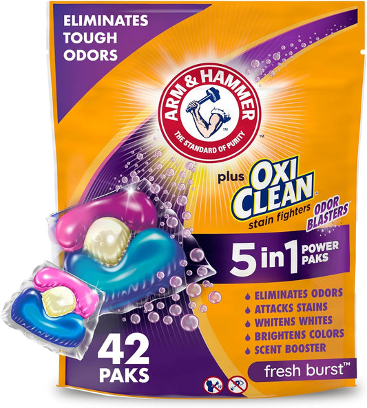 Arm & Hammer Plus OxiClean With Odor Blasters Laundry Detergent 5-IN-1 Power Paks, 42CT (Packaging may vary)