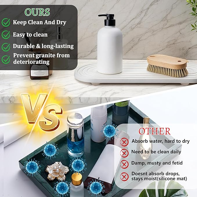 Instant Dry Sink Caddy Organizer, Fast Drying Sink Caddy, Water Absorbing Stone Sponge Holder for Kitchen and Bathroom Countertop with Natural Loofah and Wooden Feet