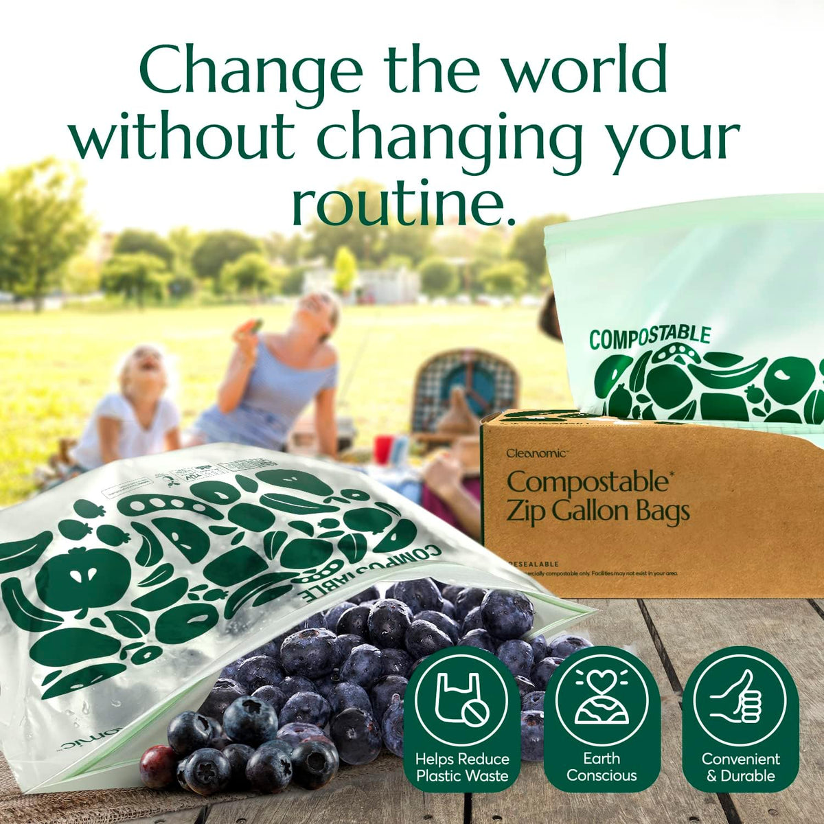Cleanomic Compostable* Gallon Size Food Storage Bags (25 Eco Zip) Freezer and Leak Proof, Also Available Quart, Snack and Sandwich Bags
