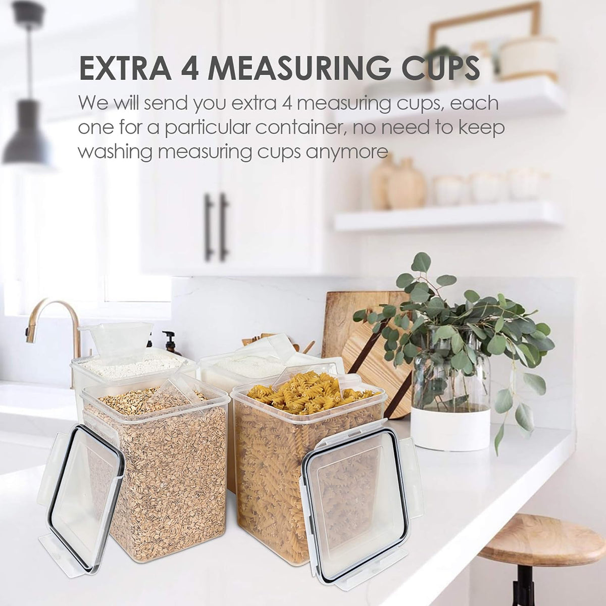 Vtopmart 4 PCS Large Food Storage Containers 5.2L / 175oz, 4 Pieces BPA Free Plastic Airtight Canisters for Flour, Sugar, Baking Supplies, Rice with Lids, 4 Measuring Cups and 24 Labels, Black
