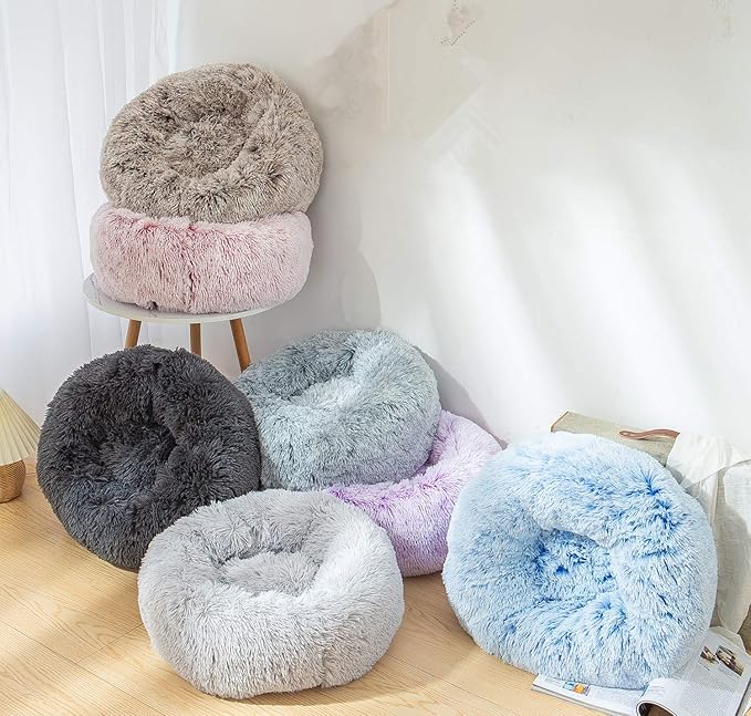 Dog Bed Large, Soft Round Cuddler Dog Beds Fluffy Plush Faux Fur Pet Beds, Anit-Anxiety Self-Warming Comfy (28", Dark Pink)
