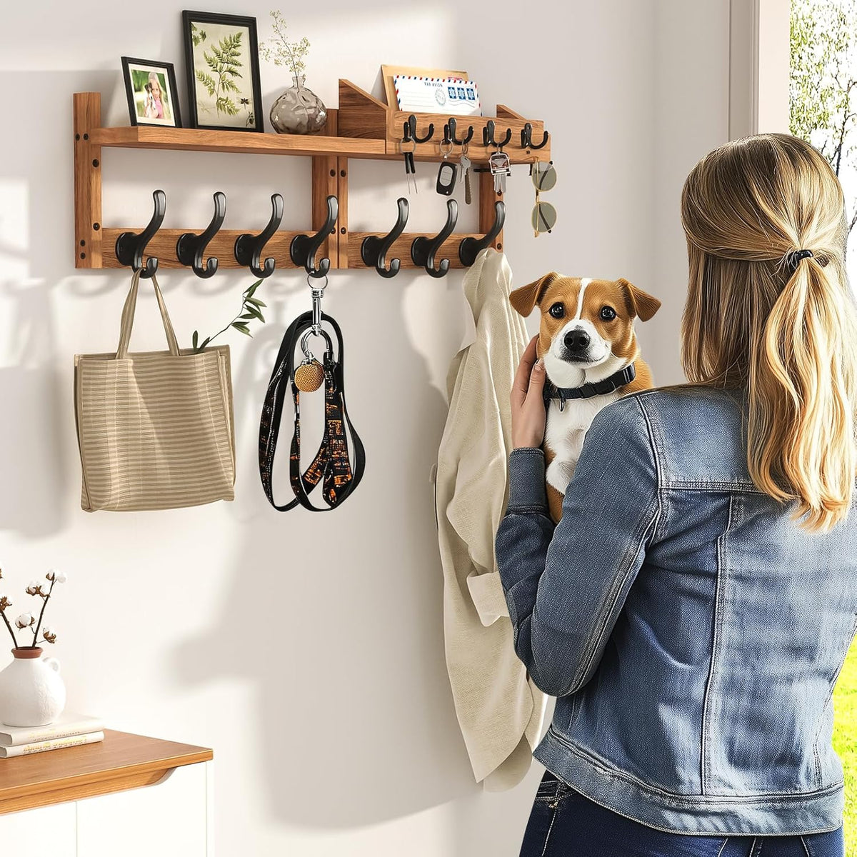Evermagin 29" Coat Rack Wall Mount with Shelf, 4 in 1 Wall Mounted Coat and Key Hanger with 11 Hooks, Entryway Key Holder with Mail Holder for Living Room, Bedroom