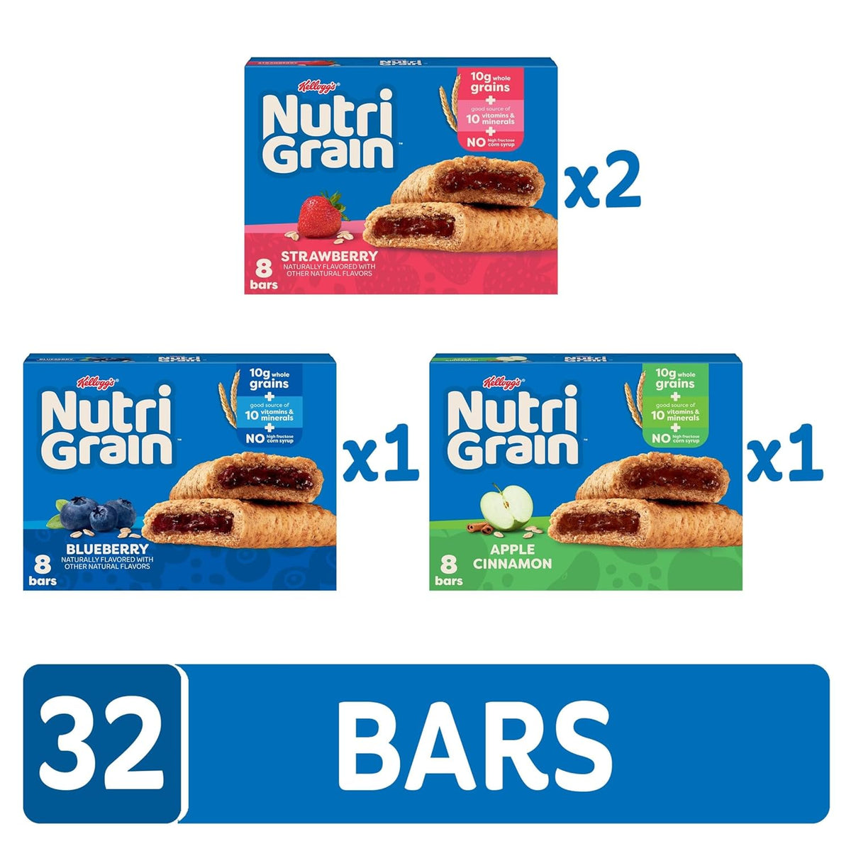 Nutri-Grain Soft Baked Breakfast Bars, Kids Snacks, Whole Grain, Variety Pack (4 Boxes, 32 Count)