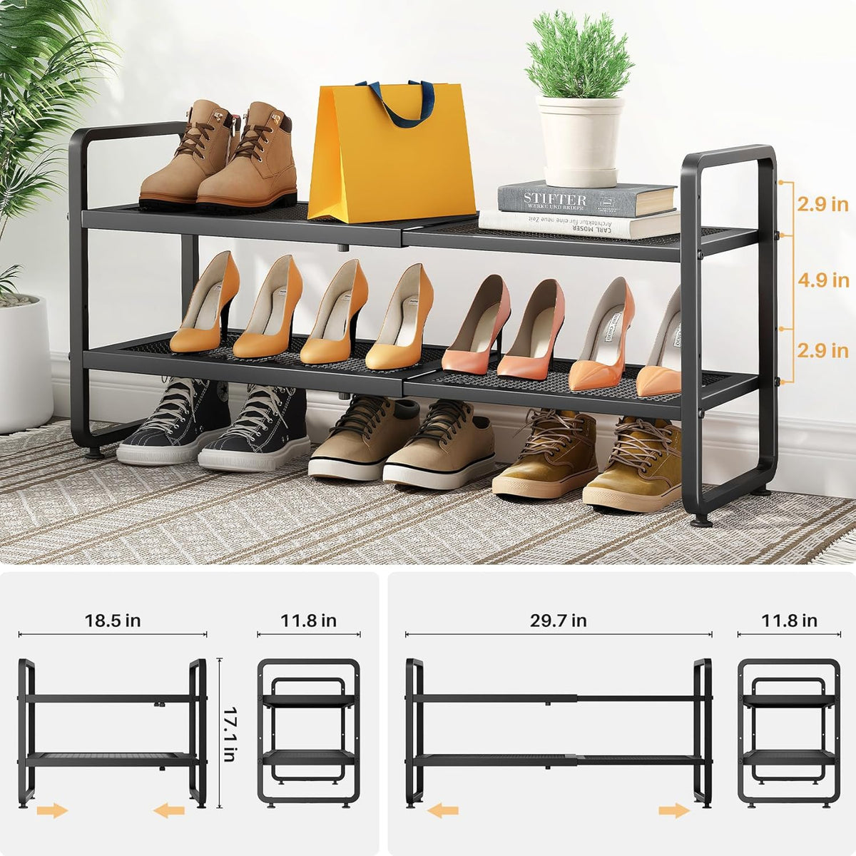 SNTD Shoe Rack - Expandable Shoe Organizer for Closet, Adjustable Metal Shoe Shelf Storage, Stackable Long Shoe Stand Holder for Garage, Entryway, Door Entrance (Black, 2-Tier)