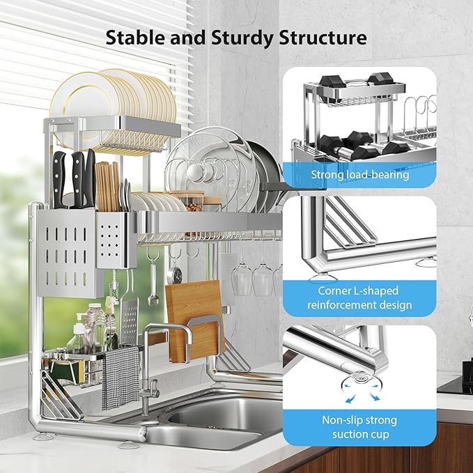 Over Sink Dish Drying Rack, Upgrade 2.5-Tier 304 Stainless Steel Dish Rack Adjustable Length with Pots and Pans Rack, Modern Over The Sink Dish Drainer Rack for Kitchen Storage Counter Organizer