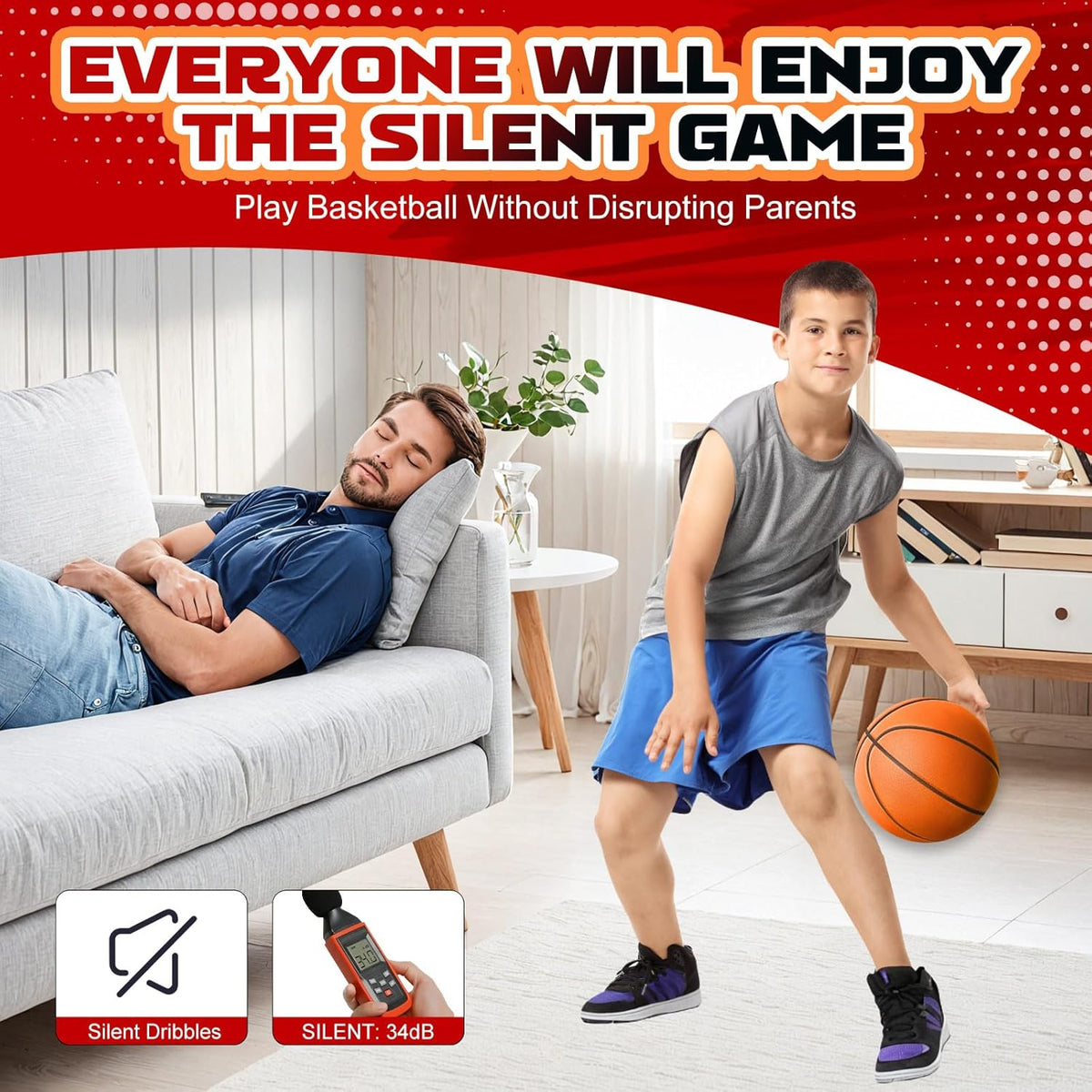 Silent Basketball Size 7 (29.5") – Grooved Airless Indoor Basketball for Quiet Dribbling and Indoor Training, Pro PU Foam Ball – Real Feel Higher Bounce Quieter