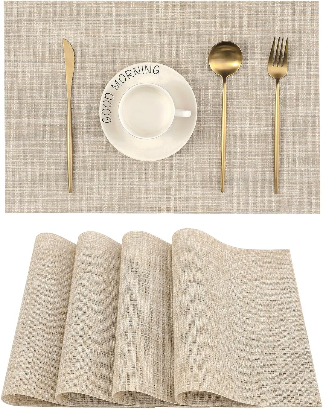 Leetaltree Beige Placemats Set of 4 - Heat Resistant Non-Slip Place mats for Dining Table, Washable Durable PVC Vinyl Woven Table Mats（Beige, 4）