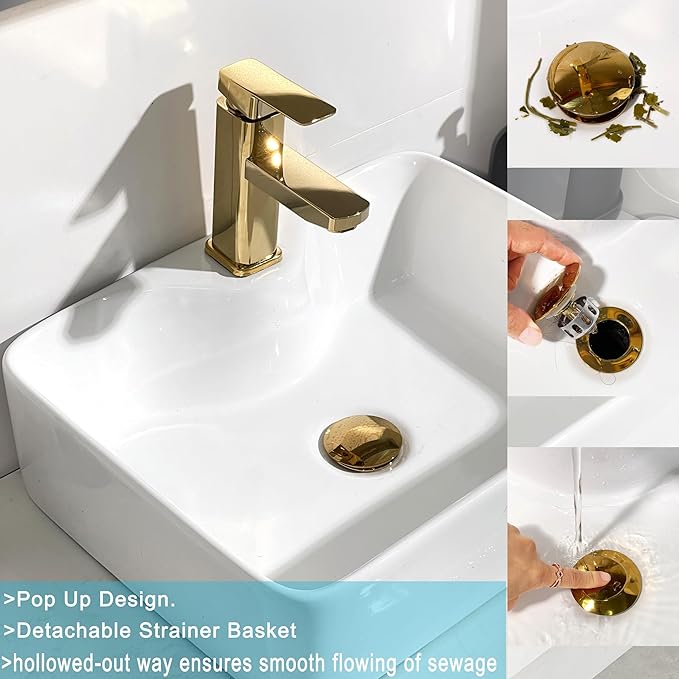 Rockgoya Bathroom Sink Drain, 5 Pack Gold Drain Stopper Bathroom Sink Without Overflow, Pop Up Drain Assembly with Detachable Strainer Basket, Built-in Anti-Clogging Strainer,Stainless Steel