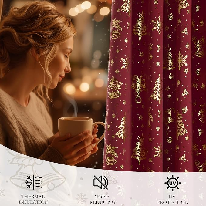 NICETOWN 2 Panels Red Christmas Curtains W42 x L63 in, Rod Pocket Gold Stamping