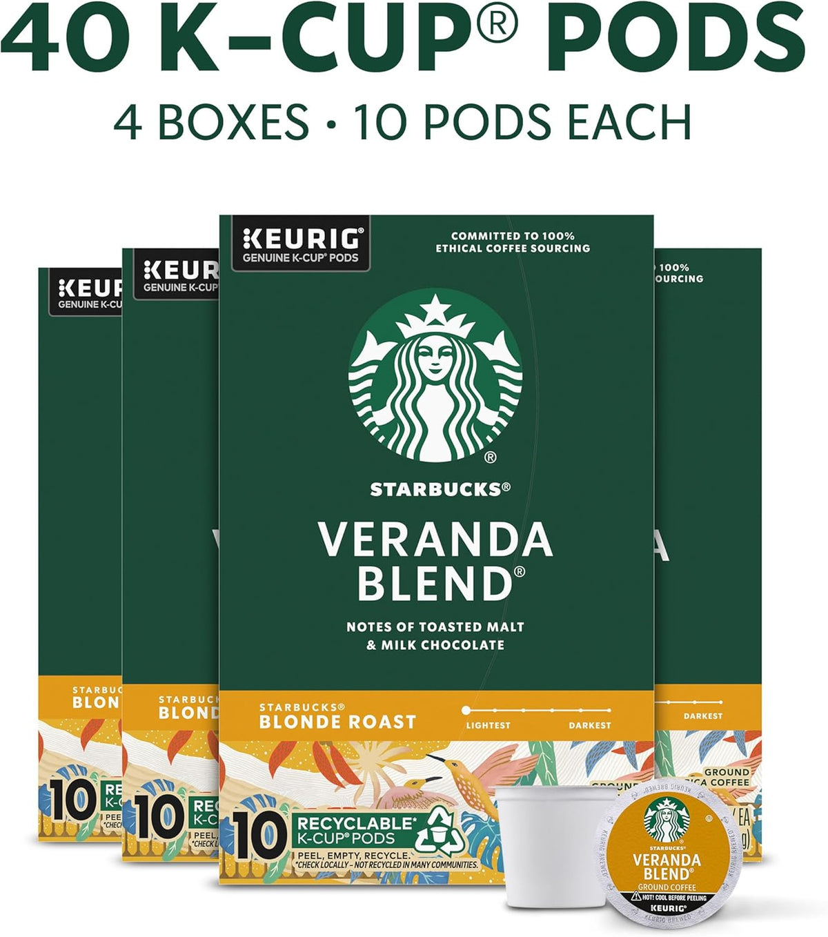 Starbucks K-Cup Coffee Pods, Starbucks Blonde Roast Hot or Iced Coffee, Veranda Blend, 40 Keurig Pods
