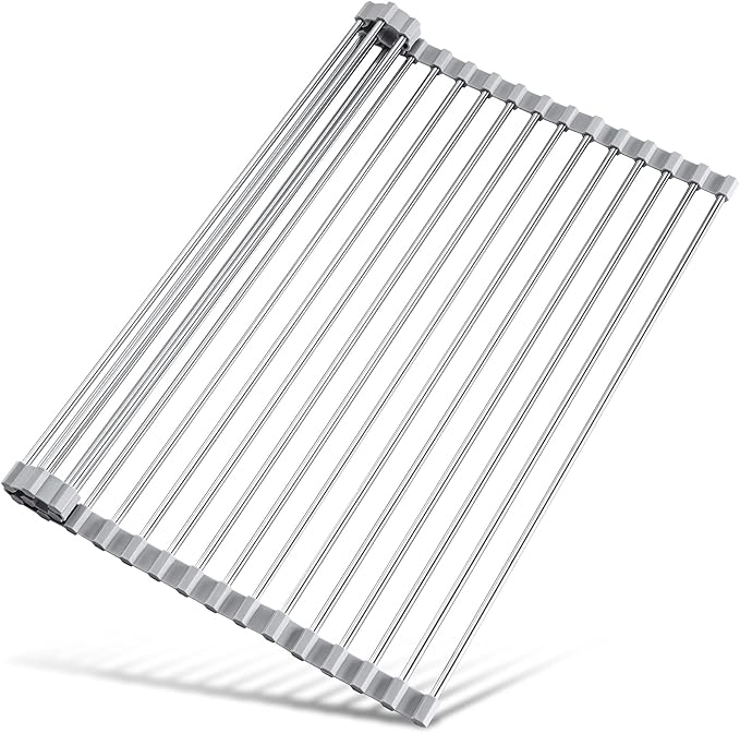 Tomorotec 17.7" x 12.5" Roll Up Dish Drying Rack Over Sink Drying Rack Sink Cover Kitchen Sink Accessories Gadget Multipurpose Organizer Foldable Stainless Steel Drainer