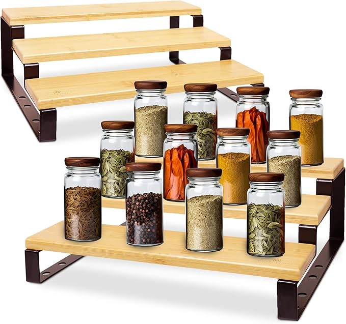 RoyalHouse Bamboo and Metal Expandable Spice Rack Organizer, Cabinet Shelf Organizers, 3-Tier Adjustable Kitchen Cabinet, Countertop Display Shelf, Space Organizer for Kitchen and Bathroom