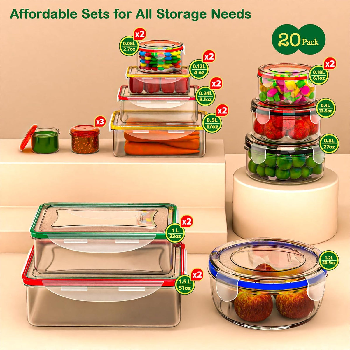 40 Pcs Food Storage Containers with Lids Airtight- Plastic Meal Prep Container for Pantry Kitchen Organization, Microwave, Dishwasher, Freezer Safe -100% Leak Proof (20 Stackable Boxes-20 Lids)