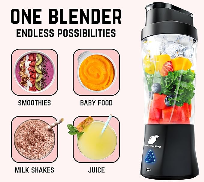 TORPEDO Portable Blender (Black), Cordless, 24oz. Vessel, Personal Blender for Shakes & Smoothies, BPA Free, Leakproof Sip Lid & Self Cleaning - Travel with 6 Sharp Blade, USB - C Metal Cable Charger
