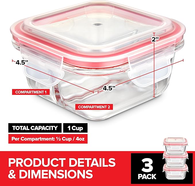 Glass Portion Control Bariatric Containers (3 Pack), 1 Cup Food Containers with Two 4 oz Compartments, 4oz Food Storage Containers for meal prep, Microwave Safe Glass Portion Containers with Lids