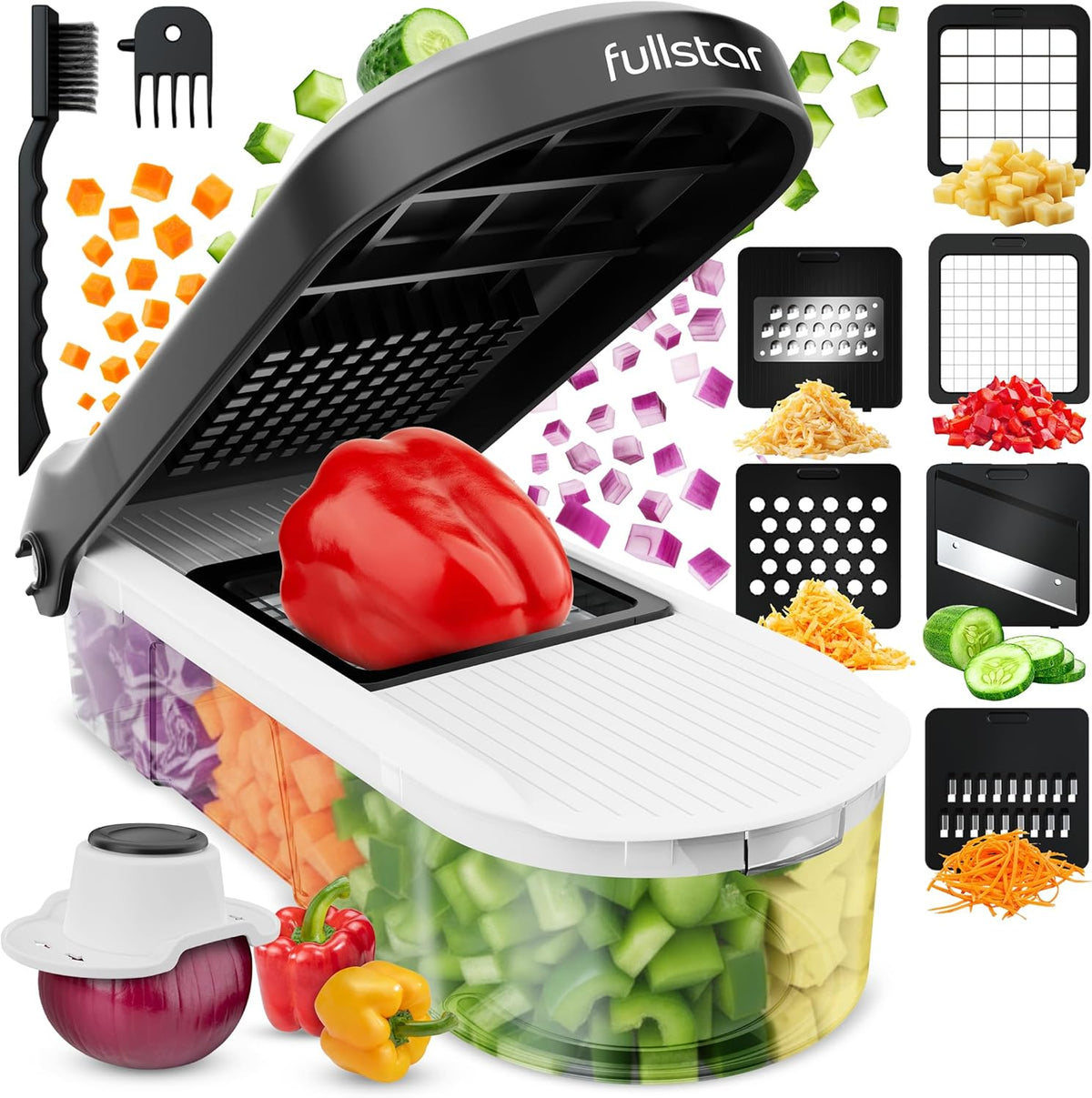 Fullstar Mandoline Slicer for Kitchen - Vegetable Chopper, Onion Potato Food Veggie Fruit Slicer and Cutter with Container, Kitchen Gadgets & Gifts, Home Essentials (6-in-1, White/Black)