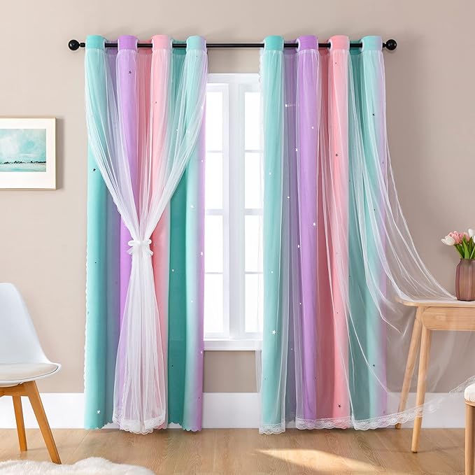 XiDi Curtains for Bedroom Decor, Rainbow Blackout Curtains for Kids/Little Girl