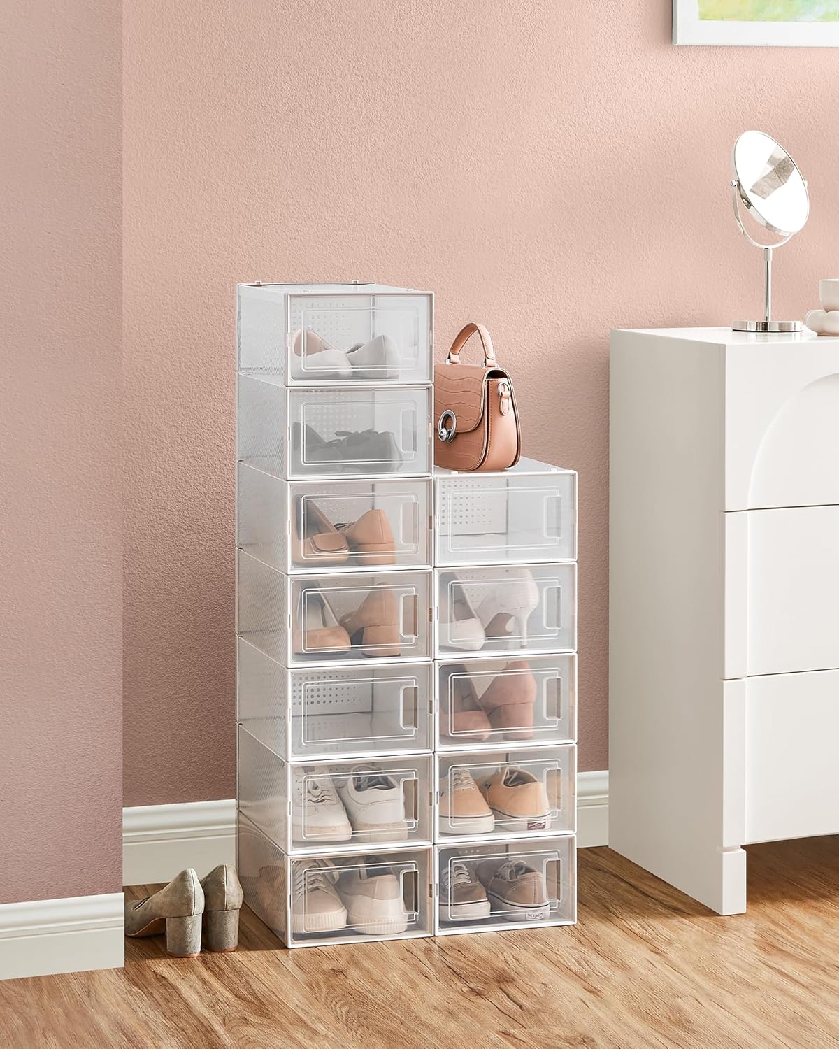 SONGMICS Shoe Boxes, Pack of 12 Shoe Storage Organizers, Stackable Clear Plastic Boxes for Closet, Sneakers, 13.1 x 9.1 x 5.6 Inches, Transparent and White ULSP12SWT