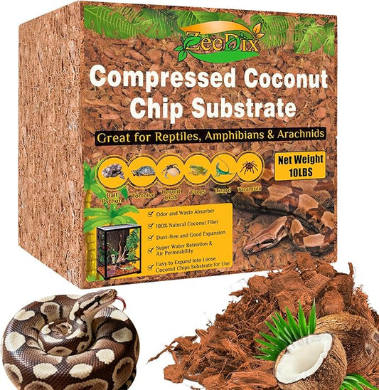 ZeeDix 10LBS Coconut Husk Chip Substrate for Reptiles, 72QT Compressed Organic Coco Coir Chips for Snake Habitat, Reptile Bedding for Ball Python, Tortoises, Geckos, Lizards Terrarium Tanks