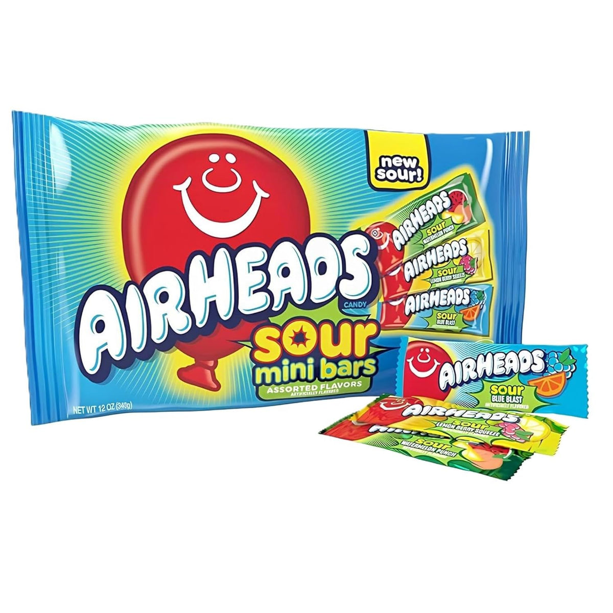 Airheads Mini SOURS Candy Bars, Sour Watermelon Punch, Blue Blast, and Lemon Berry Squeeze 12oz Variety Bag