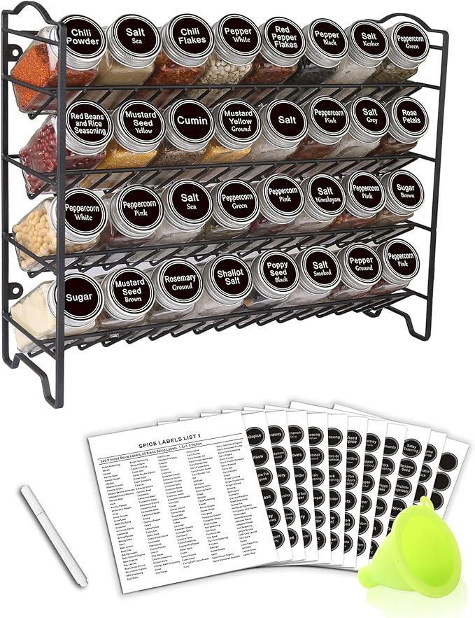 SWOMMOLY Spice Rack Organizer with 32 Glass Spice Jars, 396 Spice Labels, Chalk Marker and Funnel Complete Set, for Cabinet, Countertop, Cupboard or Wall Mount, Black
