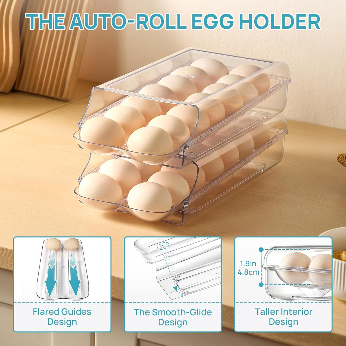Vtopmart Clear Plastic Egg Holder for Fridge, Automatic Rolling Egg Container for Refrigerator, Stackable 14-Count Eggs Organizer with Removable Inner Tray, Fridge Organizers and Storage, 2Pack